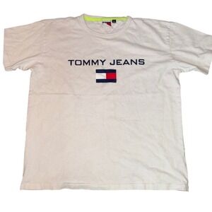 Tommy Jeans Flag Logo Shirt L White Cotton 90s Essential Blokecore‎ Streetwear